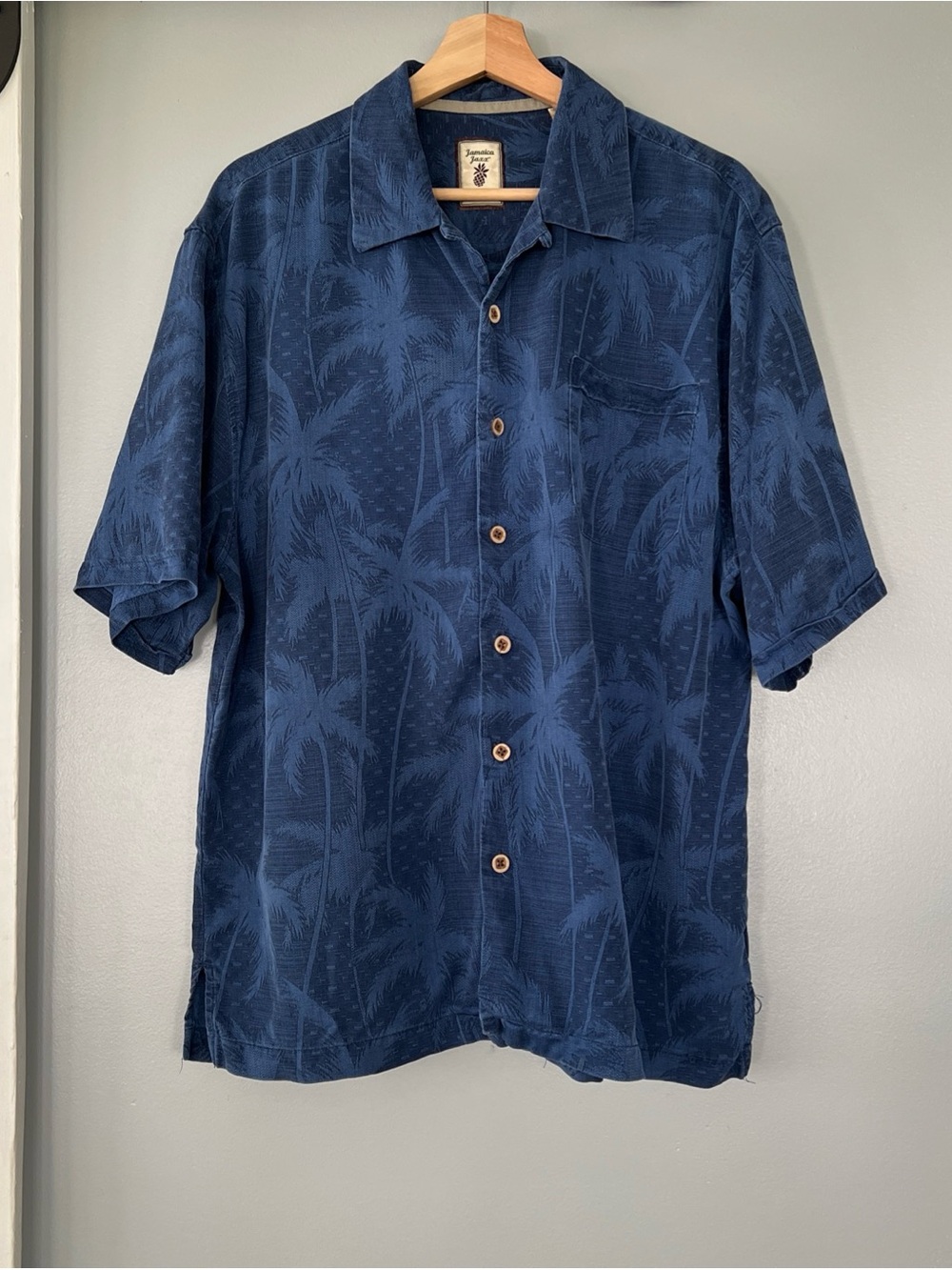 Jamaica Jaxx Navy Blue 100% Silk Palm-Print Short-Sleeve Button-Down Shirt